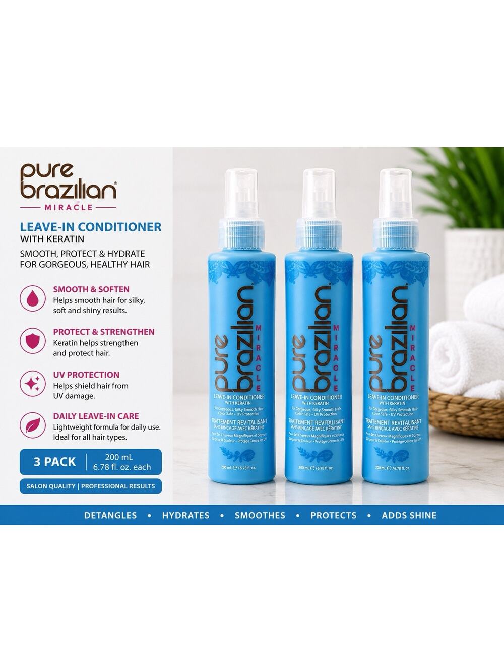 Pure Brazilian Miracle Leave-In Conditioner With Keratin 3 Pack 200ml / 6.78oz